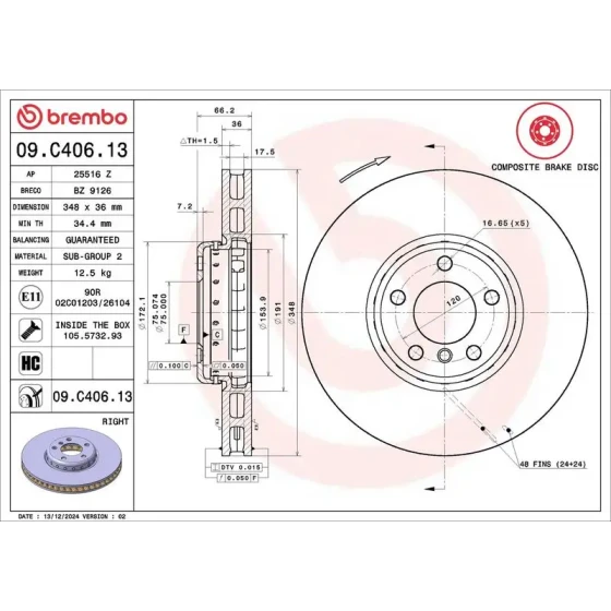 Brembo Ön Fren Diski (Sağ) – 09.C406.13 / OEM 34116898730 ürün görseli