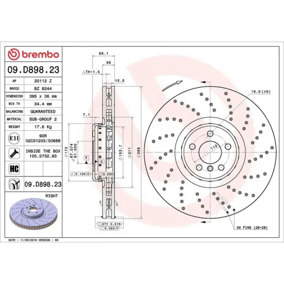 Brembo Ön Fren Diski (Sağ) – 09.D898.23 / OEM 34116878046 ürün görseli