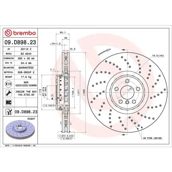 Brembo Ön Fren Diski (Sağ) – 09.D898.23 / OEM 34116878046